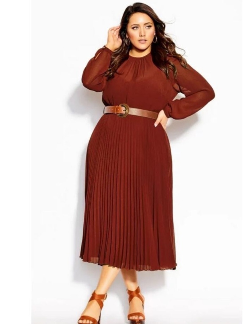 City Chic love pleat belted Pleated Long-Sleeve Dress in Rust Sz 18 New